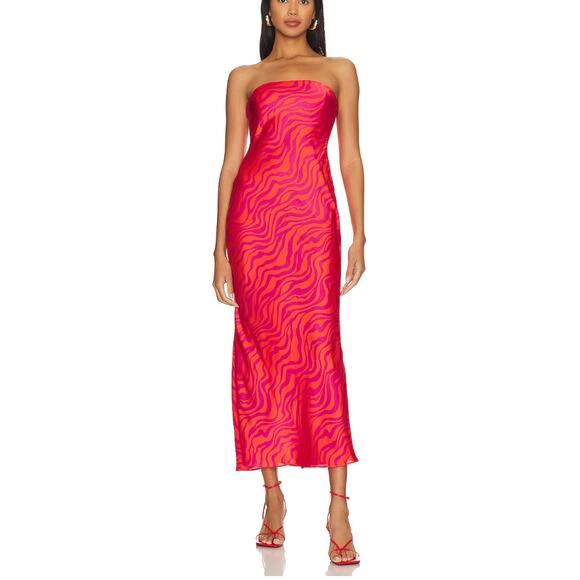 Lovers + Friends Red Strapless Midi Slip Dress Satin LARGE Resort Beach $208 NEW - Picture 2 of 8